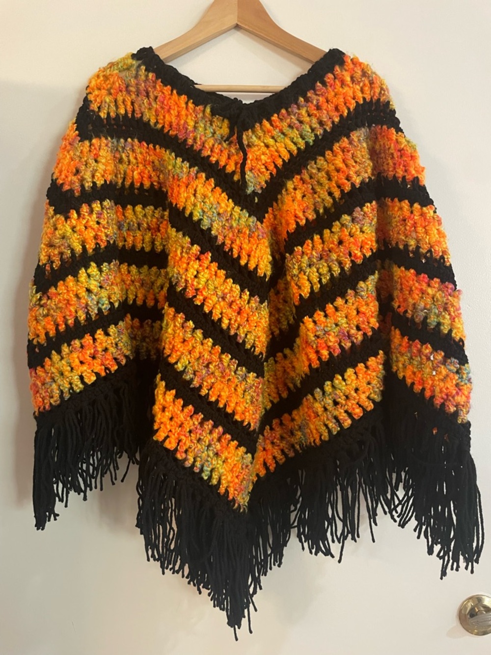 Handmade Crochet Fringe Poncho in Black and Autumn Mix
